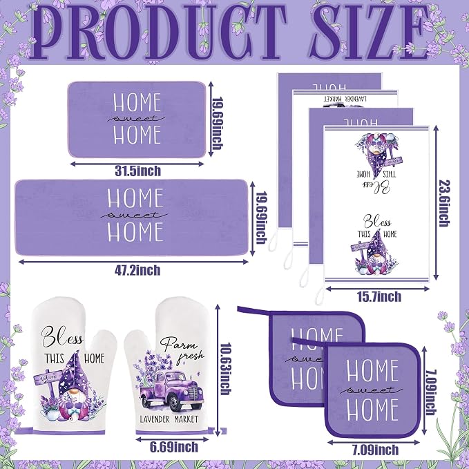 Fourluoo 10 Pcs Lavender Kitchen Decor Set Lavender Kitchen Towels Rugs Oven - Image 3