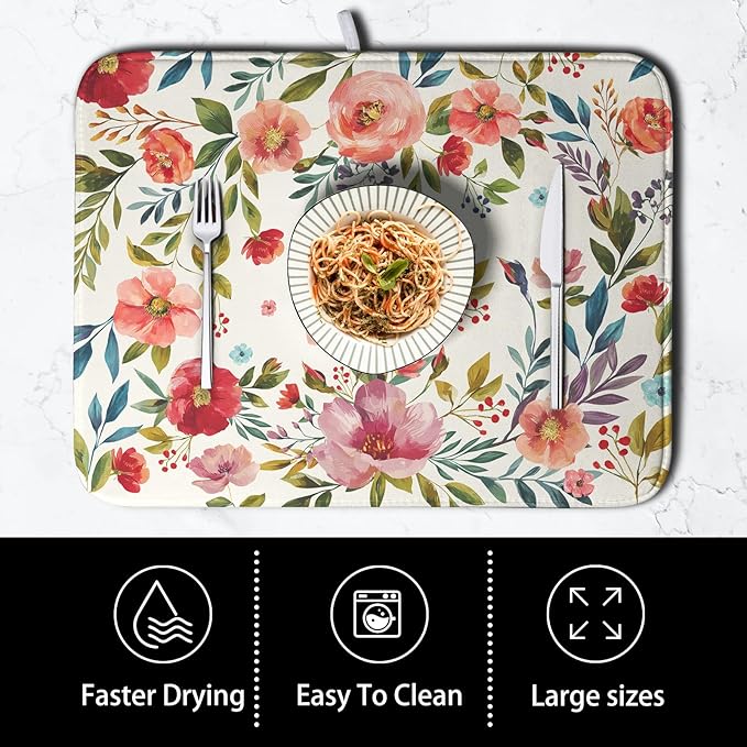 Floral Dish Drying Mat for Kitchen Counter Absorbent Microfiber Dishes Drying - Image 4