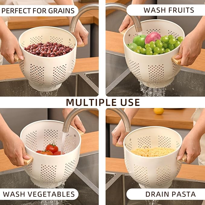 Metal Colander with Wood Handle and Stable Base, 5.5 Quart Powder Coated Steel - Image 6