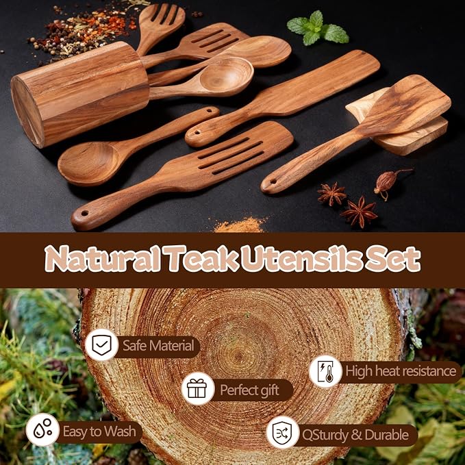 MYRAINBOW Wooden Spoons for Cooking, 10-Piece Teak Wooden Cooking Utensil Set - Image 2