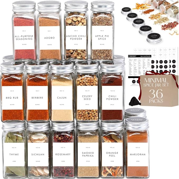 Glass Spice Jars with Labels with Metal Lids and Shakers Minimalist 36 Pack Set by Finessy