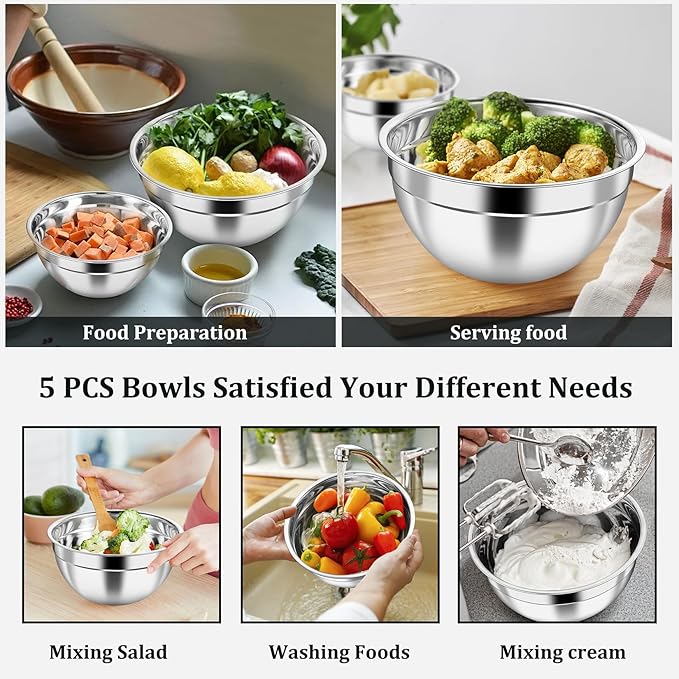P&P CHEF Mixing Bowls with Visible Airtight Lids Set of 5, 10-Piece Stainless - Image 3