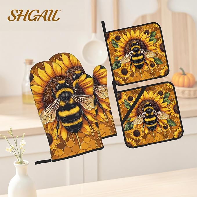 Sunflower Bee Oven Mitts and Heat Resistant Pads - Image 2