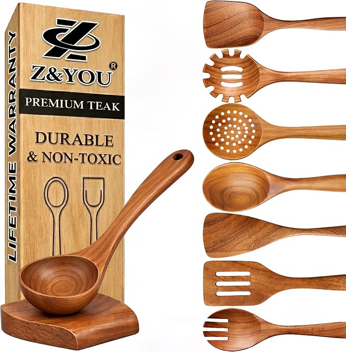 9-Piece Teak Wooden Utensil Set – Wooden Spoons by Unknown