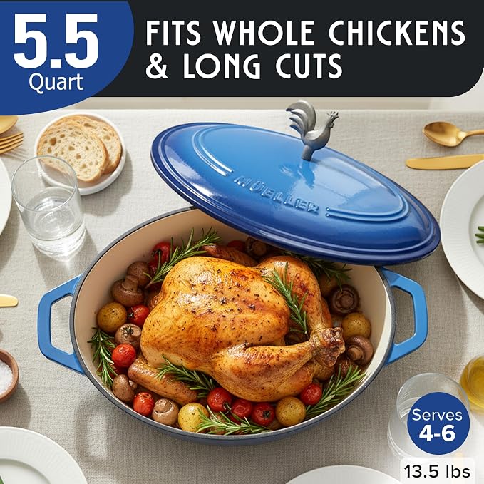 MUELLER HOME 5.5 Quart Enameled Cast Iron Oval Dutch Oven w Rooster Knob & - Image 3