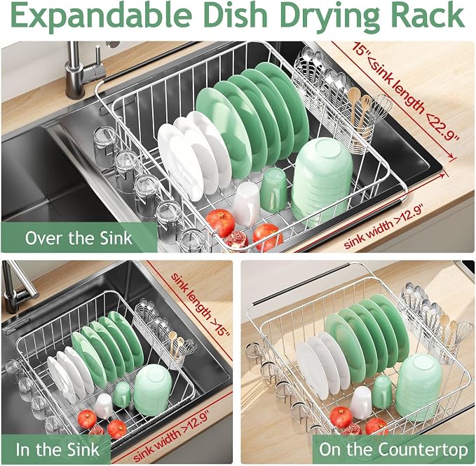Fanbsy Dish Drying Rack in Sink, Extendable Stainless Steel Dish Drainers - Image 3