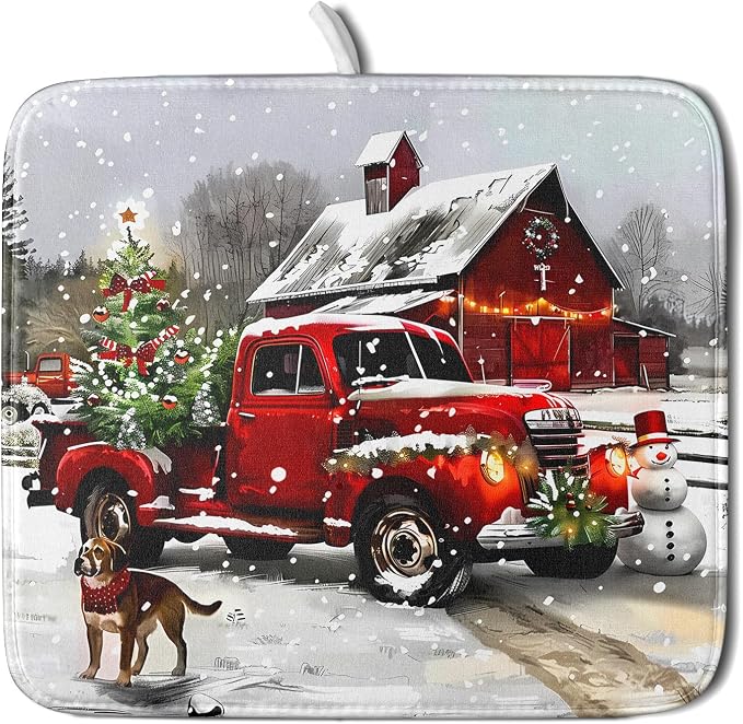 Red Truck Christmas Dish Drying Mat by Aytipun