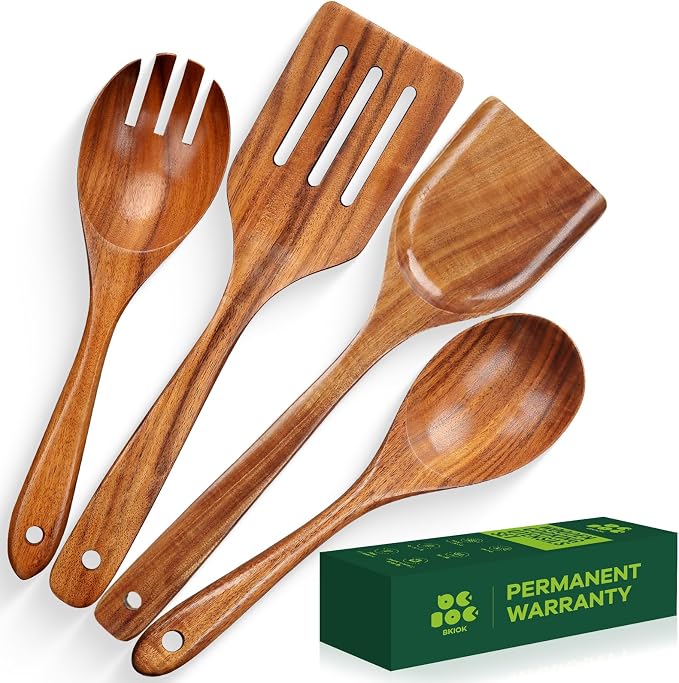 Bkiok Wooden Spoons for Cooking, Natural Teak Wood Kitchen Utensils Set for by Bkiok