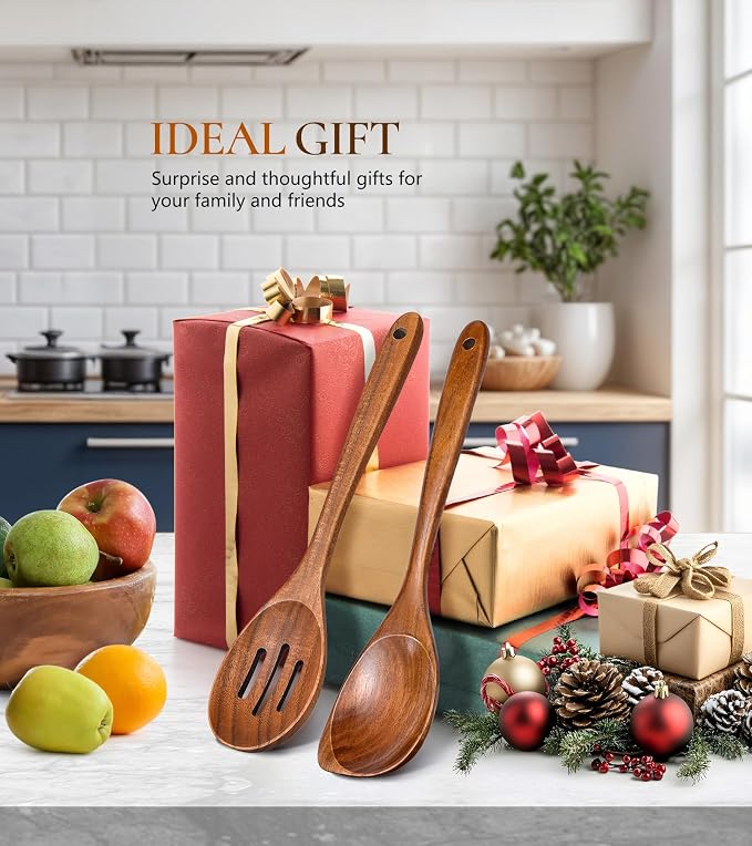 2Pcs Wooden Spoons for Cooking, Natural Premium Teak Wood Corner Spoon & - Image 7