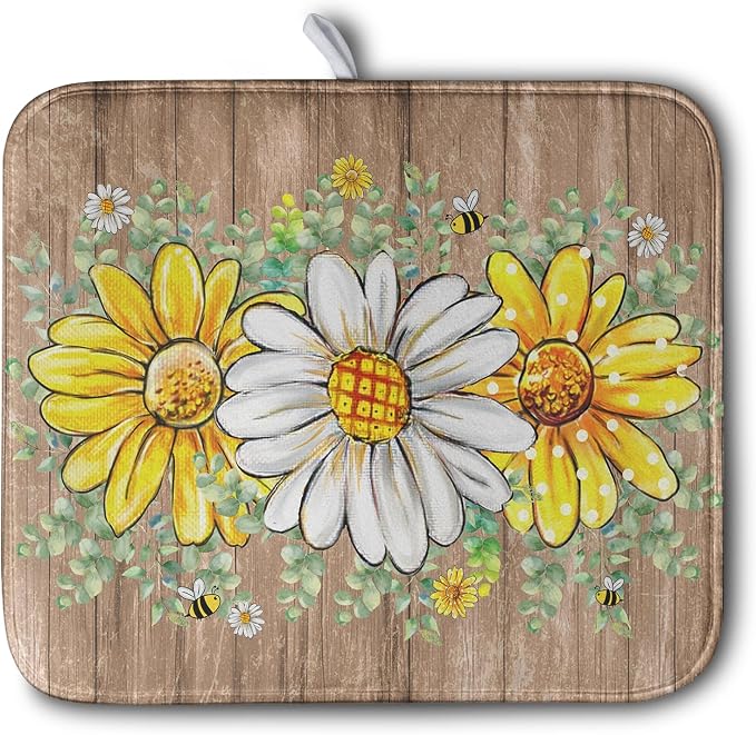 Rustic Daisy Floral Dish Drying Mat by Kwlegh