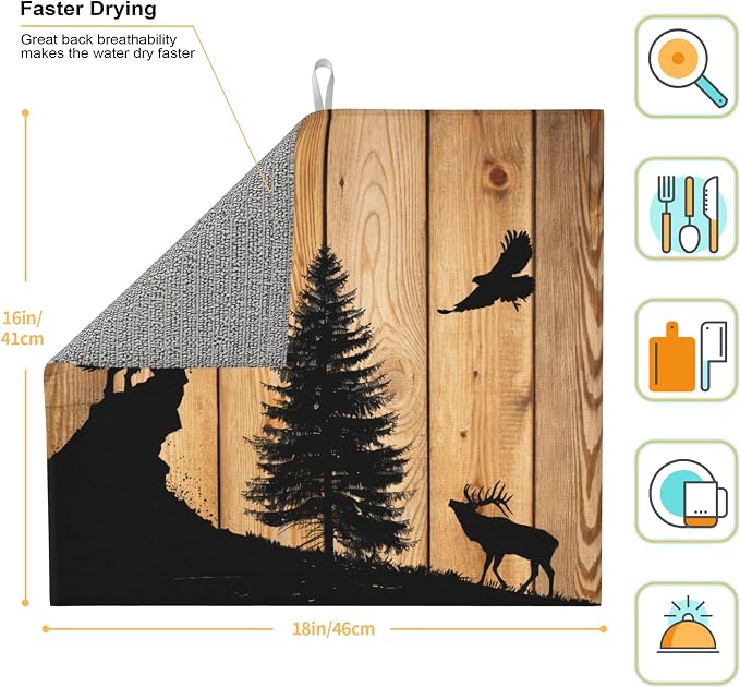 Retro Rustic Wolf Deer Forest Brown Wood Dish Drying Mat - Image 2