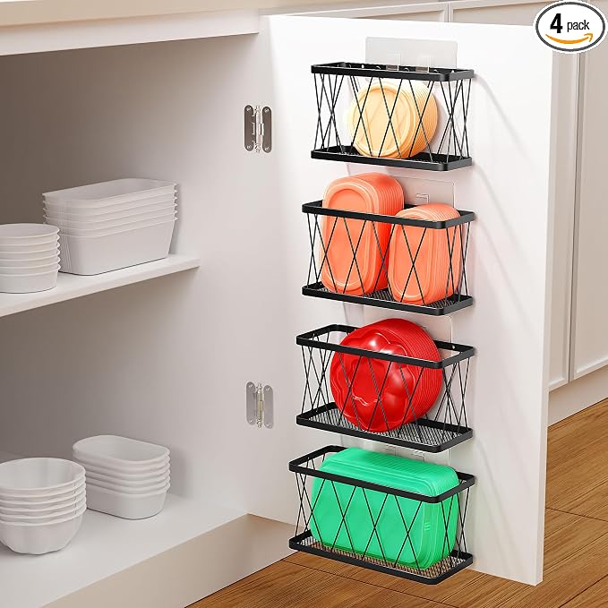 BasicForm 4 Pack Metal Kitchen Inside Cabinet Door Organizer, Adhesive Lid by BasicForm