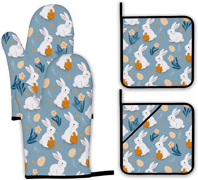 Easter Oven Mitts and Pot Holders Set, Cute Rabbit Kitchen Decor Heat Resistant by Unknown