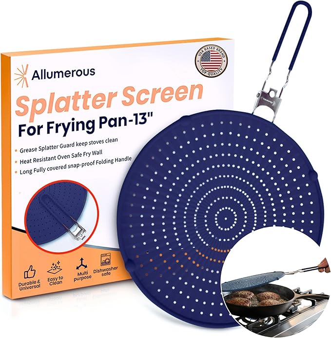 Silicone Splatter Screen for Frying Pan, 13” Navy – Grease & Oil Splatter Guard by Allumerous