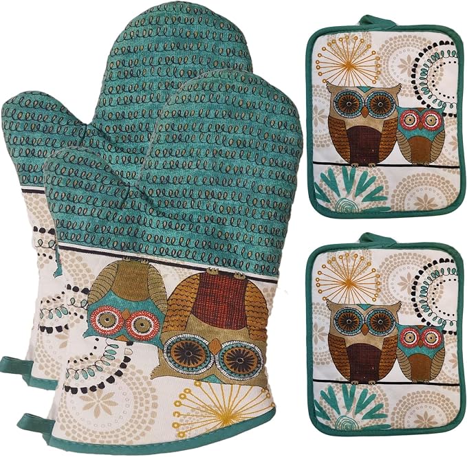 Oven Mitts and Pot Holders Sets, Funny Owl Kitchen Oven Mitts Heat Resistant by LnQukeji