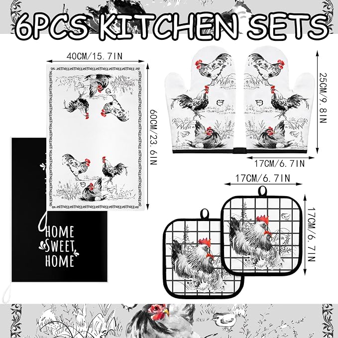 Leinuosen 6 Ink Rooster Farmhouse Kitchen Decor Dish Towels Oven Mitts and Pot - Image 3