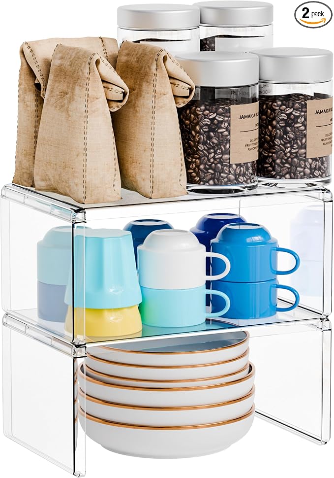 Yieach 2 Pack Acrylic Cabinet Organizer, 2 Tier Stackable Shelves by Yieach