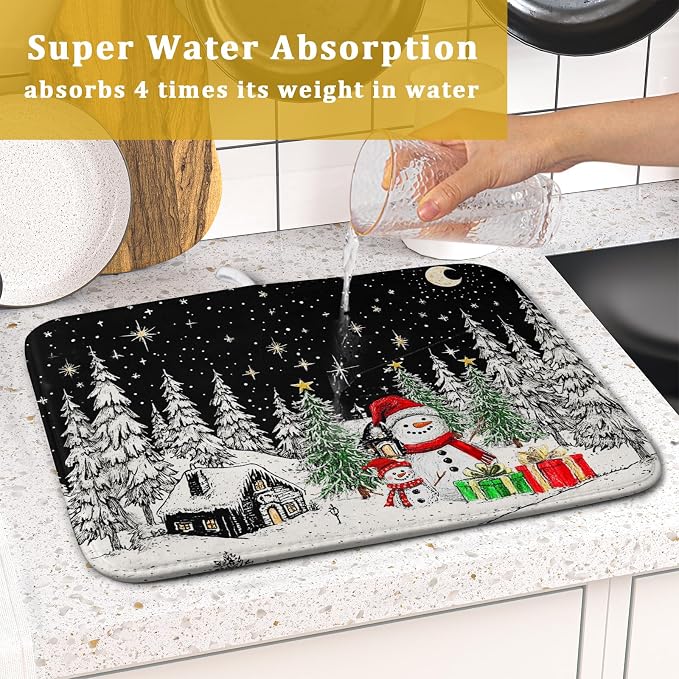 Winter Snowman Dish Drying Mat 18 X 16 in Black Microfiber Dish Pad Absorbent - Image 7