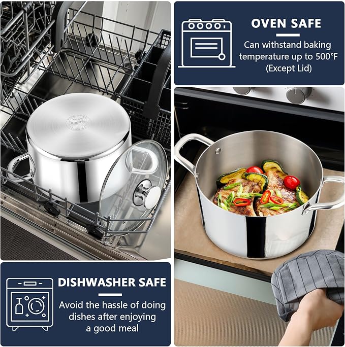 P&P CHEF 6 Quart Tri-Ply Stainless Steel Stock Pot, 6 Qt Stockpot Pasta Cooking - Image 7