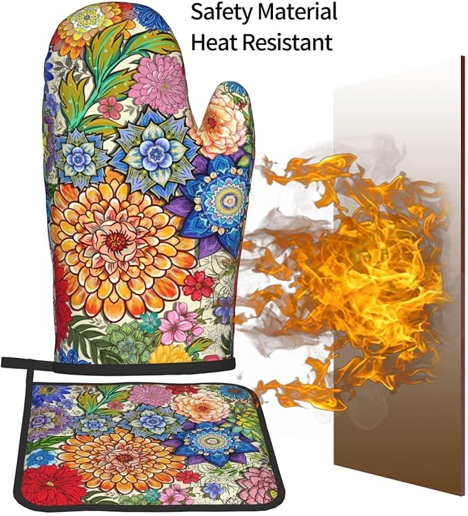 Boho Floral Oven Mitts and Pot Holders Sets of 3, Colorful Flowers Heat - Image 7