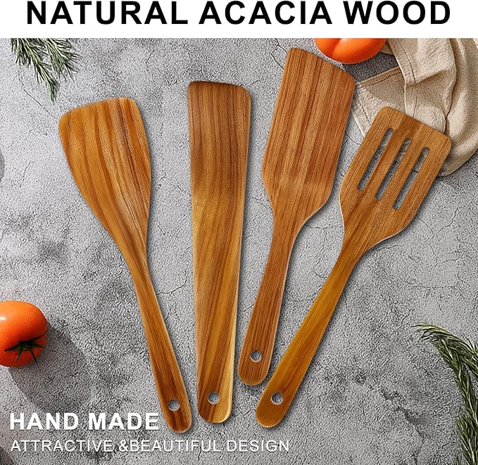 Best Acacia Wood Spatula for Cooking Non Toxic Wooden Kitchen Utensil Set Flat - Image 7
