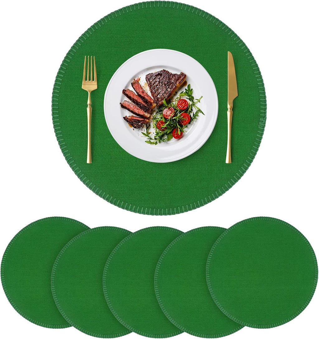 15" Round Placemats Set of 6, Faux Linen Cloth Place Mats, Green