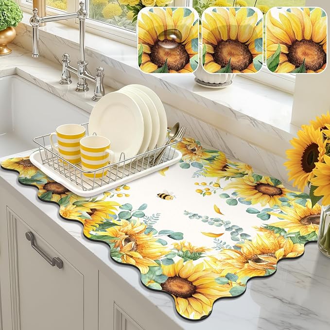 LOKHOM Scalloped Floral Dish Drying Mat, Cuttable Hide Stain Non-slip Drying Mat by LOKHOM