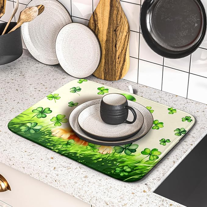 St Patrick's Day Dog Dish Drying Mat 16x18 inch Green Shamrock Dishes Pad - Image 5