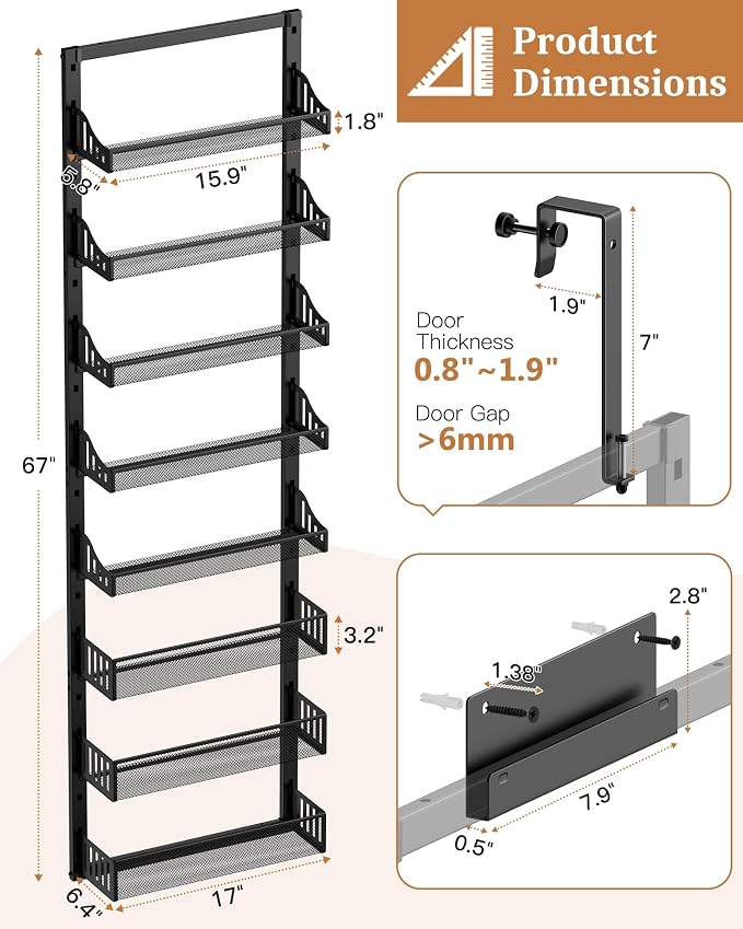 POKIPO 8-Tier Over the Door Pantry Organizer, Large Metal Door Spice Rack - Image 6