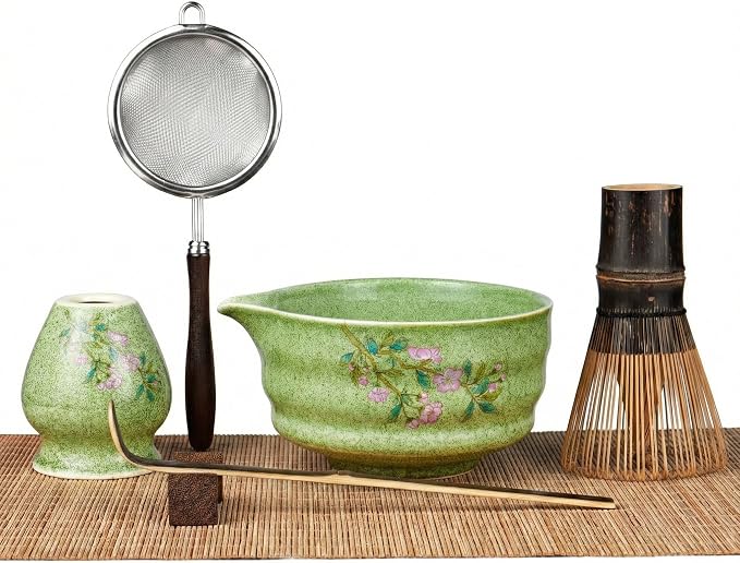 7-Piece Matcha Set with Ceramic Matcha Bowl, Bamboo Whisk & Holder, Tea Scoop & by GleeNflux