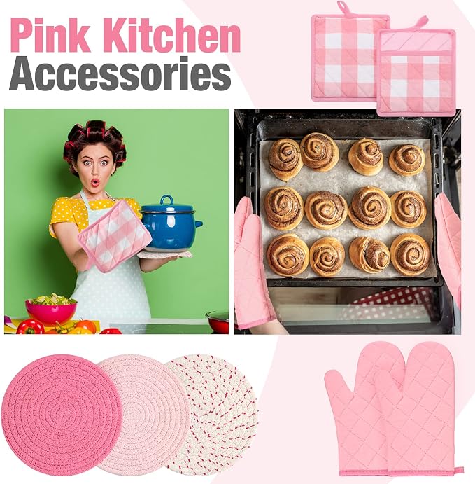 Sumind Pink Oven Mitts and Pot Holders 7 Sets, Heat Resistant Kitchen Gloves - Image 4