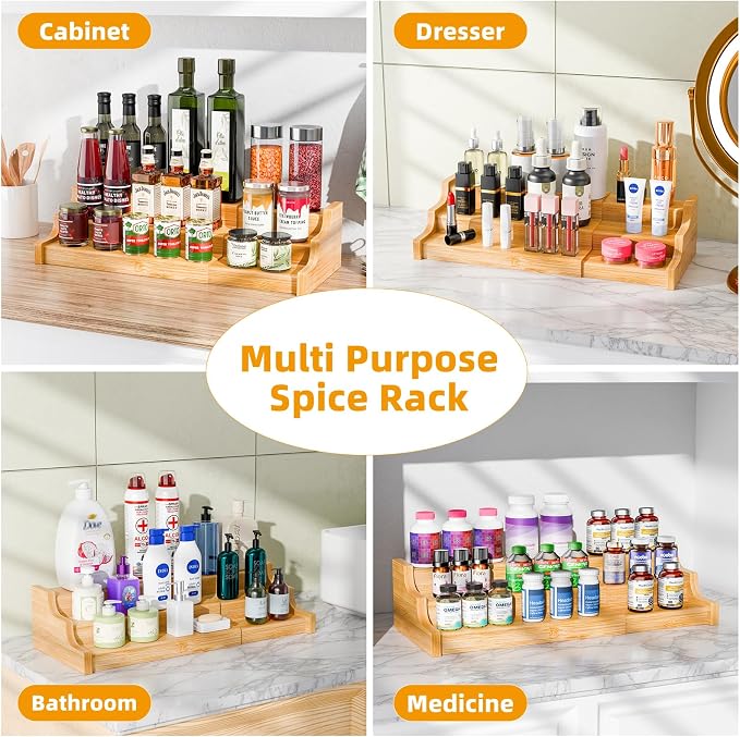 Simple Trending Spice Rack Kitchen Cabinet Organizer, 3 Tier Bamboo Expandable - Image 7