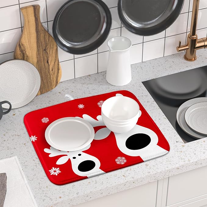 Xmas Dish Drying Mat for Kitchen Counter Cute Reindeer Holiday Snowflake - Image 6