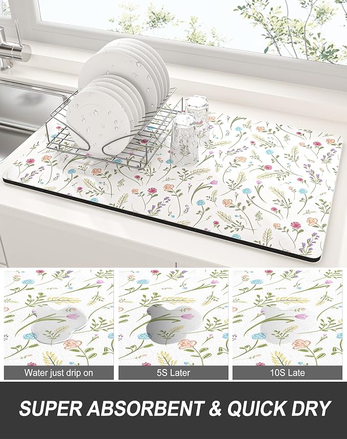 Rnivvi Dish Drying Mat for Kitchen Counter, 12 x 19" Cute Flower Theme Super - Image 3