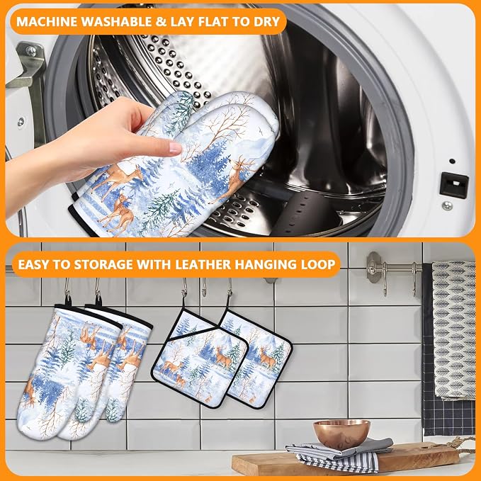 Deer Mitts and Pot Holders Sets 4Pcs, Extra Long Oven Gloves Potholder - Image 5