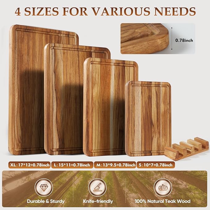 4 Pack Teak Cutting Board Set for Kitchen Wood Cutting Board Heavy Duty Non - Image 2