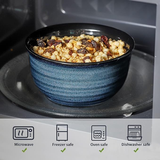 HASENSE Ceramic Cereal Bowls Set of 6, 20 Oz Navy Blue Stoneware Bowls - Image 5