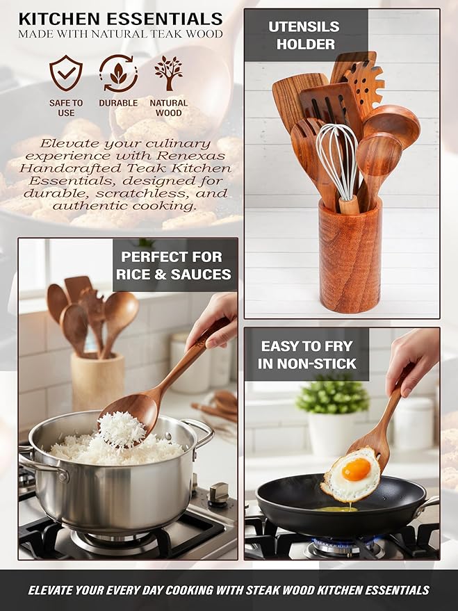 6-Piece Teak Wooden Kitchen Utensil Set – Nonstick Safe Cooking Spoons & - Image 6