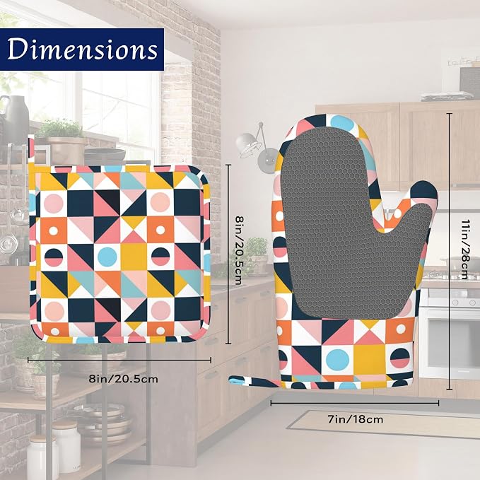 Oven Mitts and Pot Holders Sets Abstract Geometric Silicone Kitchen Mits - Image 2