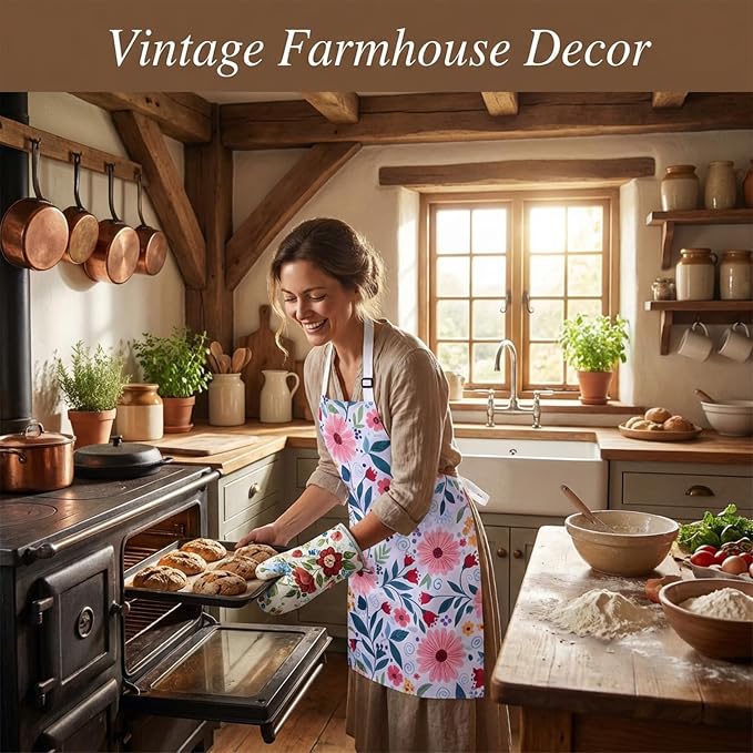 Floral Apron and Oven Mitt Set 3 Piece, Heat Resistant Kitchen Mittens and Pot - Image 7