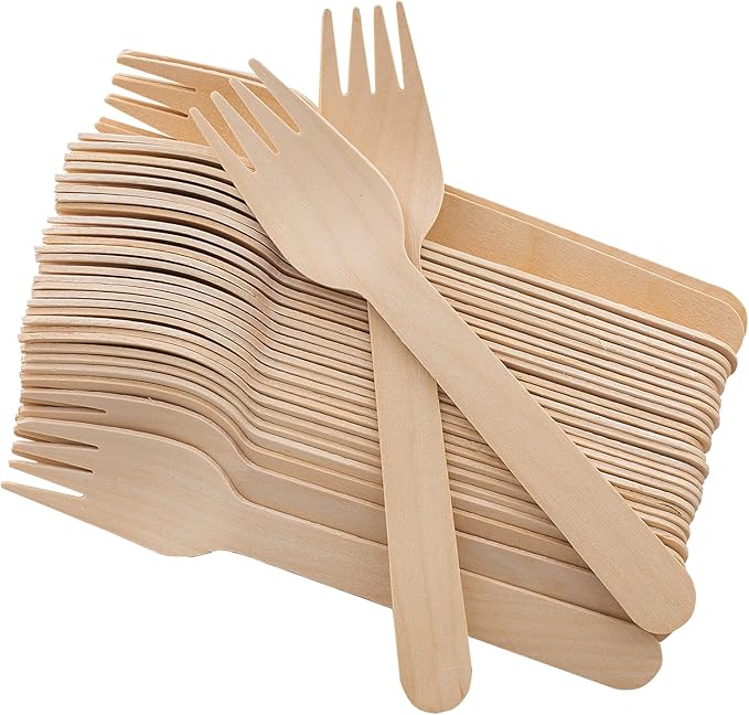 Disposable Wooden Forks -Pack of 100, 6.5" Length-Biodegradable, Natural Wooden by REERAA