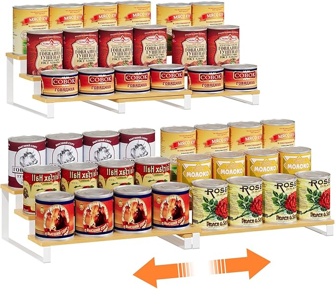 Expandable Can Organizer for Pantry, 3-Tier Adjustable Bamboo & Iron Can Rack by NuoyuanShen