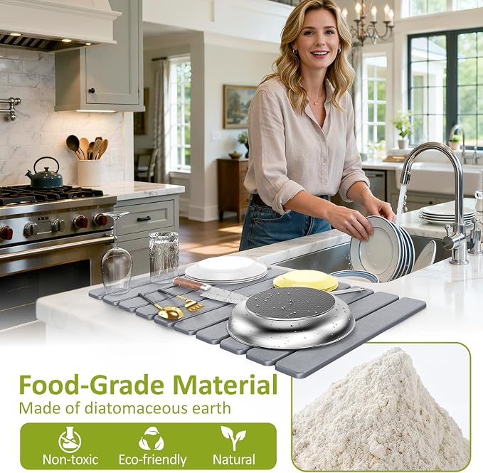 Large Stone Dish Drying Mat for Kitchen Counter, Collapsible Quick Dry Stone - Image 4