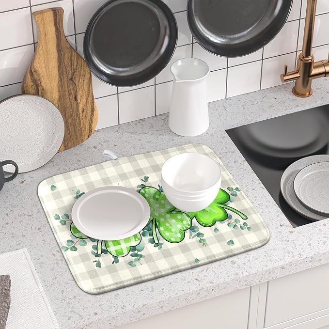 Giwawa Patrick Dish Drying Mat for Kitchen Green Clovers Grey Buffalo Plaids - Image 6