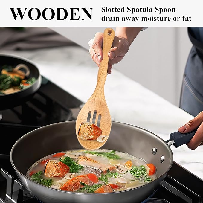 Wooden Spatula Set, 6 Pack Kitchen Wood Slotted Spoon Spatulas Turner Utensils - Image 4