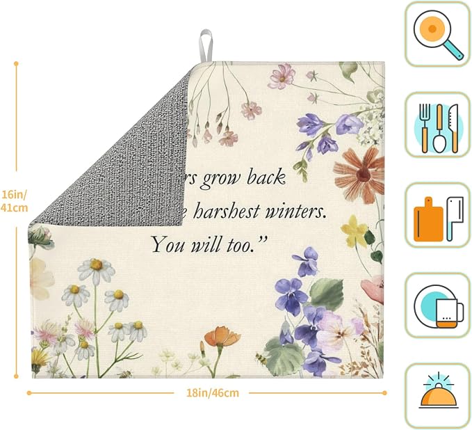 Inspirational Flower Language Dish Drying Mat 16x18 Inch, Microfiber Absorbent - Image 2