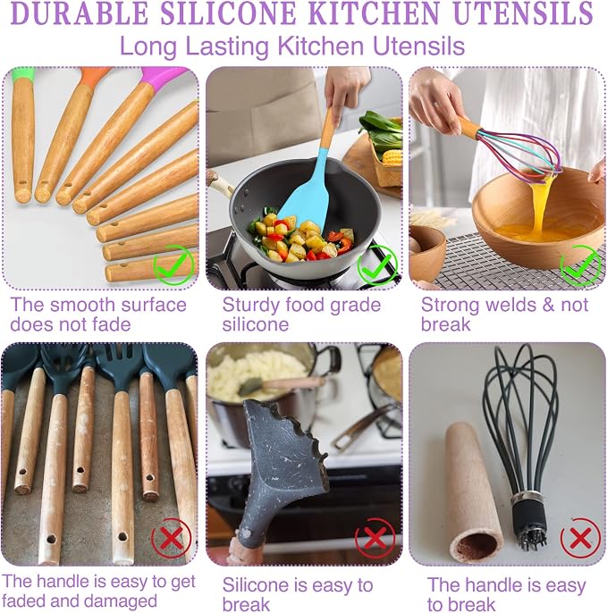 Umite Chef Kitchen Cooking Utensils Set, Wooden Handle Silicone Kitchen Gadgets - Image 7