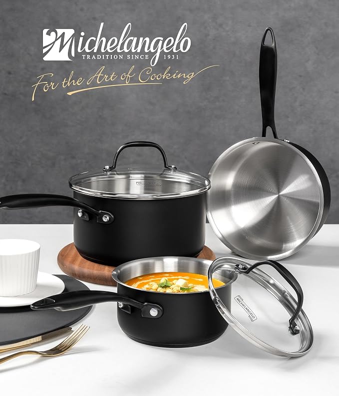 MICHELANGELO Stainless Steel Saucepan Set, Triply-Base Sauce Pan - Image 8