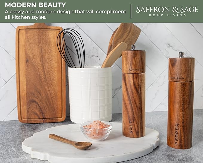 Saffron & Sage Premium Acacia Wood Salt and Pepper Grinder Set of 2-8” Tall - Image 4