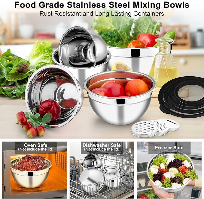 E-far Mixing Bowls Set of 5, Stainless Steel Salad Mixing Bowl - Image 7